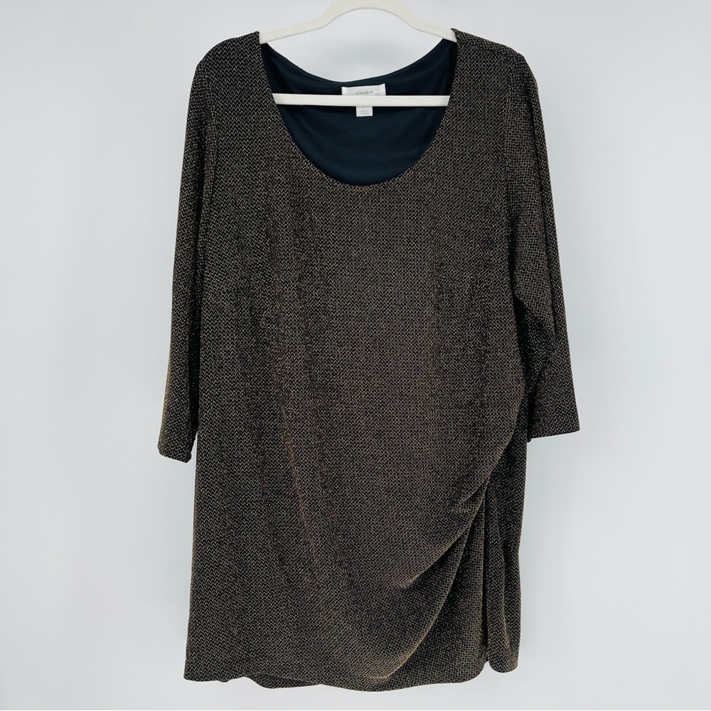 CJ Banks Stretch Knit Black Metallic Gold Side Ruched Top, Women's 20W